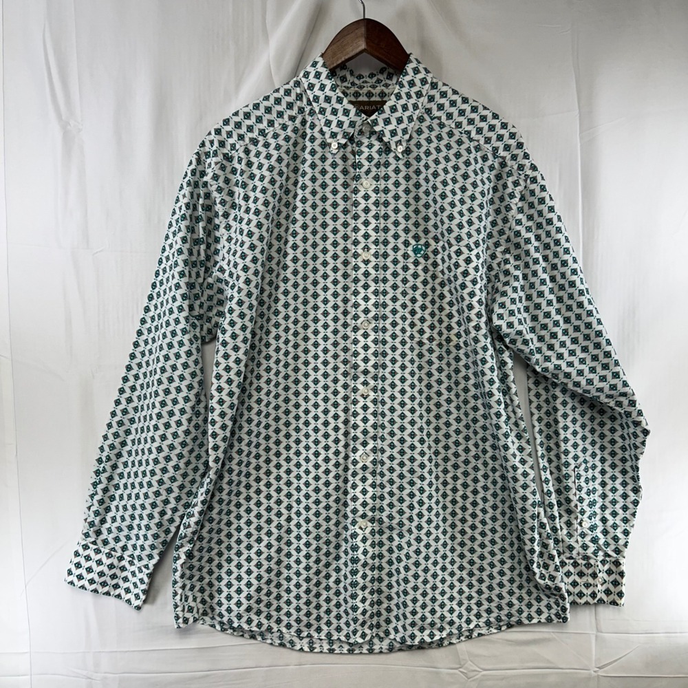 Ariat Button Down Shirt Mens Large White Teal Geometric Diamond Western LS
